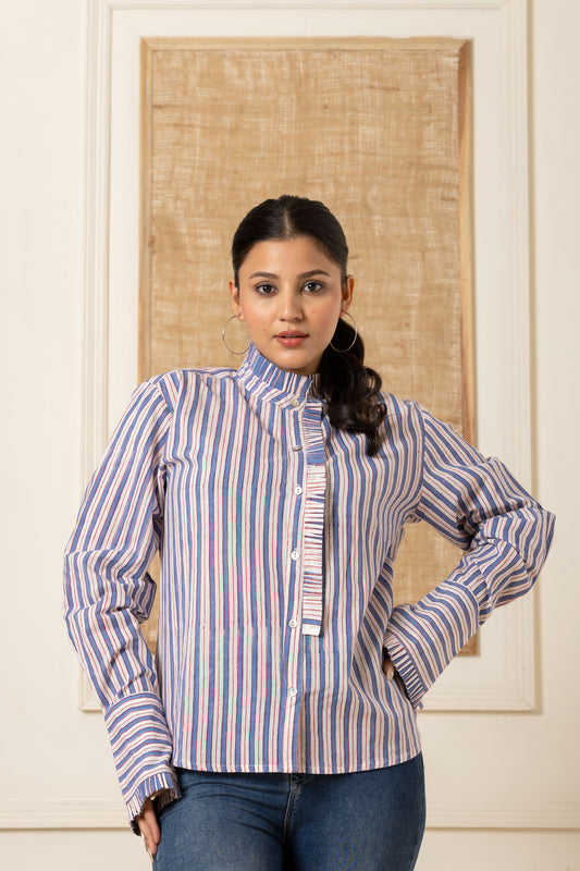 Striped High-Neck Button-Down Shirt with Ruffle Details