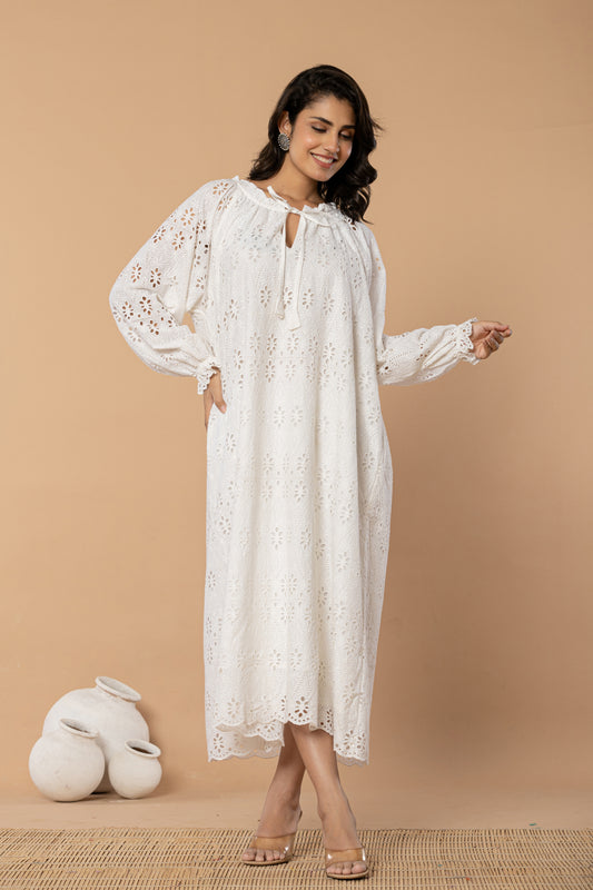 White Bohemian Maxi Dress with Eyelet Embroidery