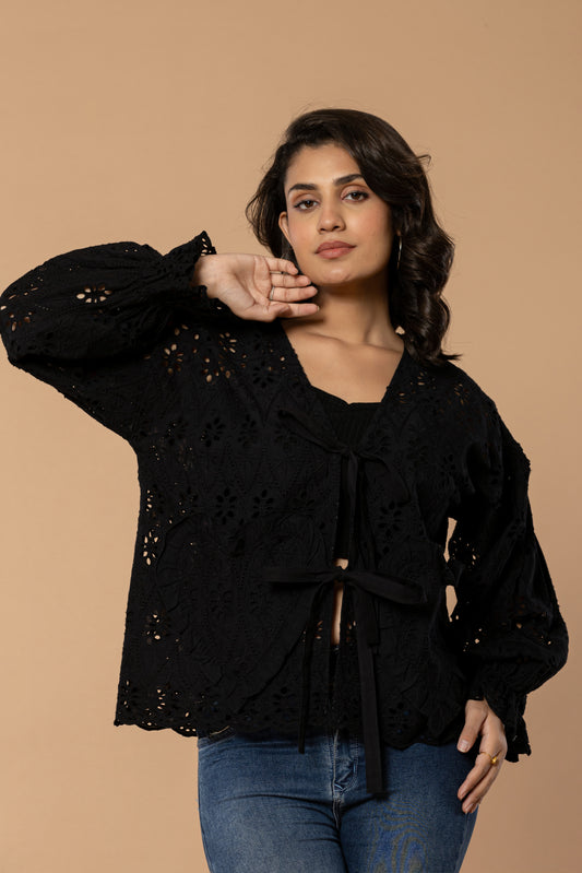 Black Boho Eyelet Tie-Front Blouse