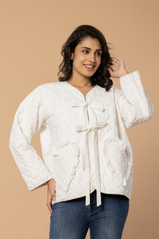 Quilted Tie-Front Jacket with Heart-Shaped Pockets