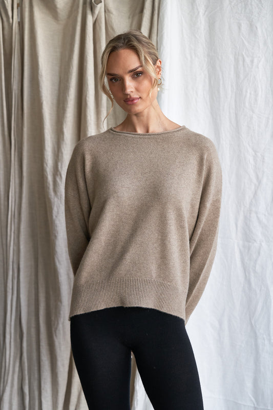 The Arlo Sweater – Mushroom Cashmere with Rolled Edges